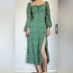 NWOT Zara Green Botanical Leaf Print Sweetheart Off Shoulder Front Slit Dress